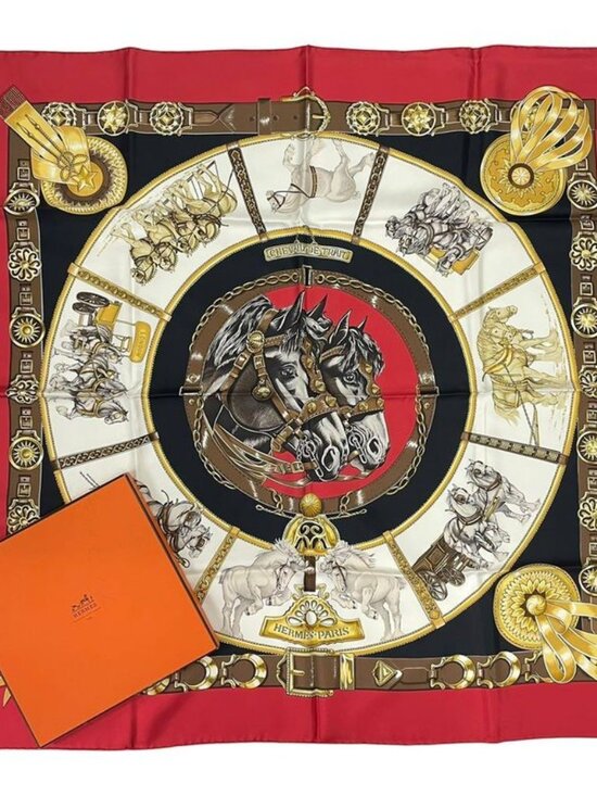 Hermes Carre 90 Chevaux de Trait 100% Silk Scarf Red